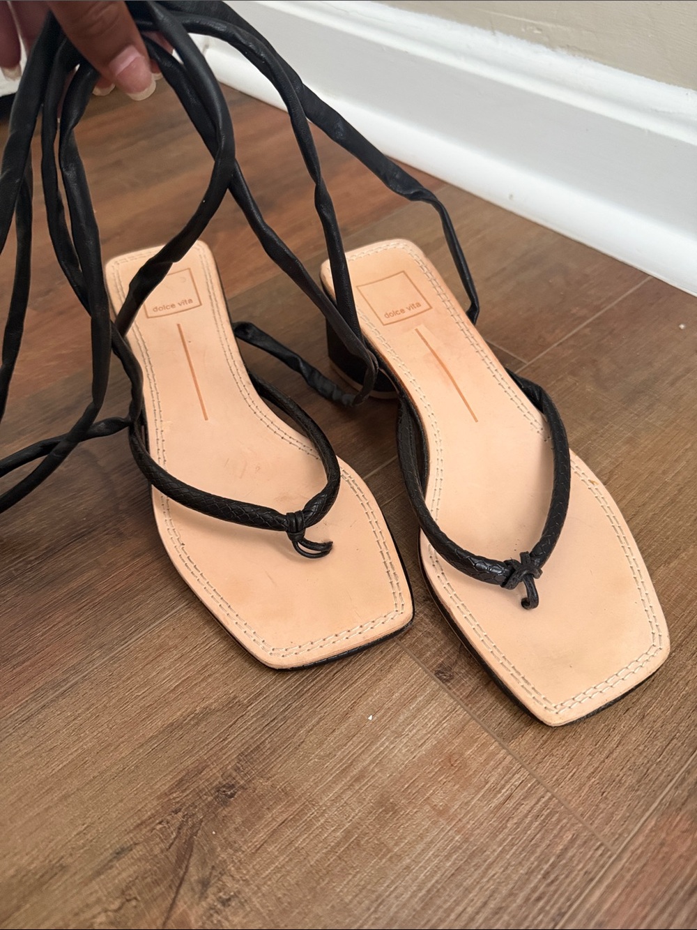 Dolce Vita Black Leather Lace-Up Square Toe Sandals with Tan Footbed
